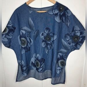 Boxy Floral Blue Cotton Blend Top Lg